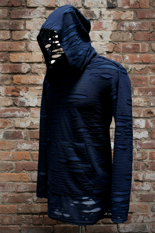 MEN'S LONG SLEEVE HOODIE - BLUE DECAYED FABRIC Shrine of Hollywood hoodie blue decayed hood hoodie long sleeve Men's T-Shirts wasteland