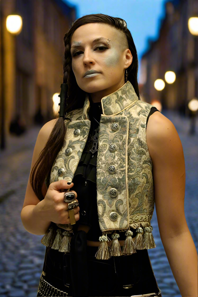 TOREADOR VEST - GREEN/IVORY TAPESTRY Shrine of Hollywood toreador vest Women's Tops