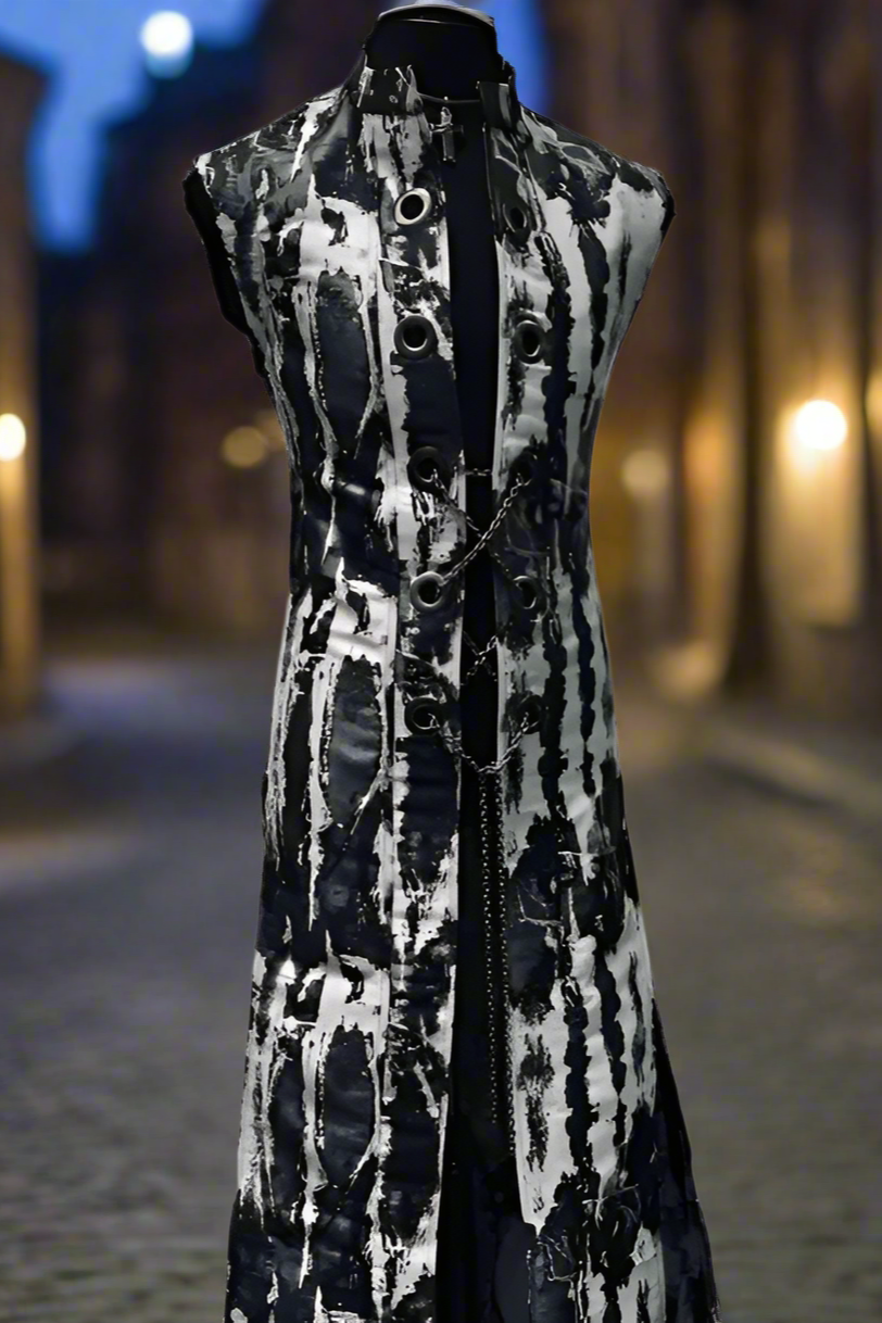 HELLRAISER W/ CHAIN - WHITE/SILVER/BLACK GRANITE Shrine of Hollywood vest floor length hellraiser long Men's Coats sleeveless