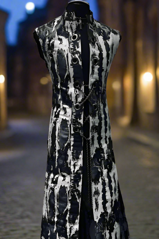 HELLRAISER W/ CHAIN - WHITE/SILVER/BLACK GRANITE Shrine of Hollywood vest floor length hellraiser long Men's Coats sleeveless