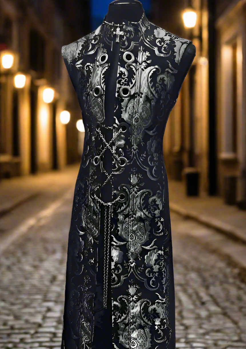 HELLRAISER W/ CHAIN - SILVER/BLACK TAPESTRY Shrine of Hollywood vest duster floor length Men's Coats sleeveless