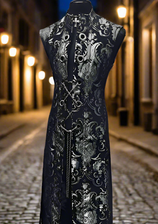 HELLRAISER W/ CHAIN - SILVER/BLACK TAPESTRY Shrine of Hollywood vest duster floor length Men's Coats sleeveless