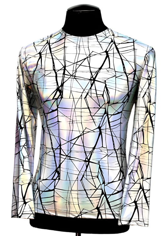 MEN'S LONG SLEEVE TEE - CRACKED HOLOGRAM FABRIC - WHITE Shrine of Hollywood shirt club cyber future hologram iridescent long sleeve Men's T-Shirts shirt silver Uncategorized