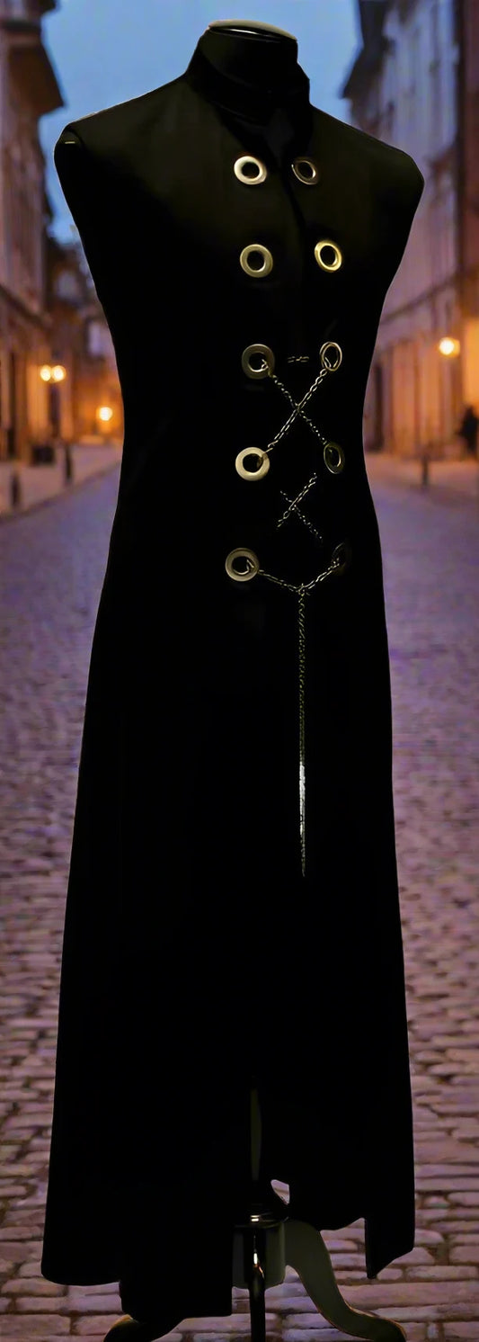 HELLRAISER ROBE W/ CHAIN - BLACK DENIM Shrine of Hollywood top floor length goth gothic hellraiser Men's Coats sleeveless