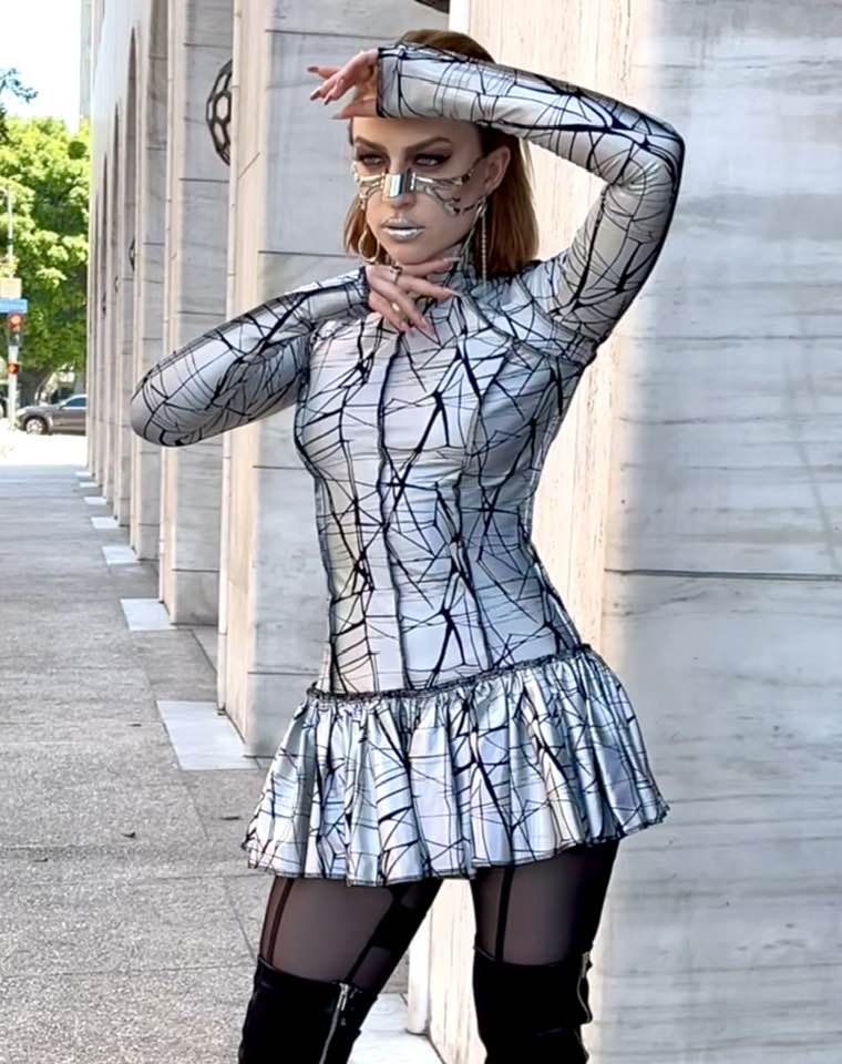 FUTURE SHOCK DRESS - Cracked Hologram Fabric - White Shrine of Hollywood dress cyber dress Dresses future hologram iridescent long sleeve metallic silver