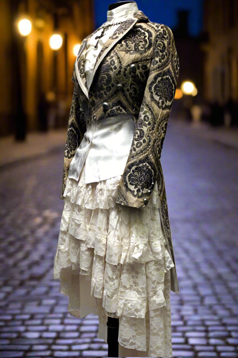 Shrine of Hollywood HARLEQUIN TAILCOAT - IVORY/BLUE TAPESTRY Women's Coats Women's Jackets