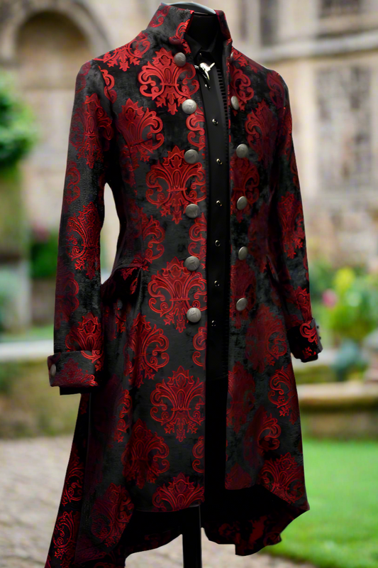 ORDER OF THE DRAGON COAT - BLACK AND RED VELVET BROCADE Shrine of Hollywood coat Men's Coats
