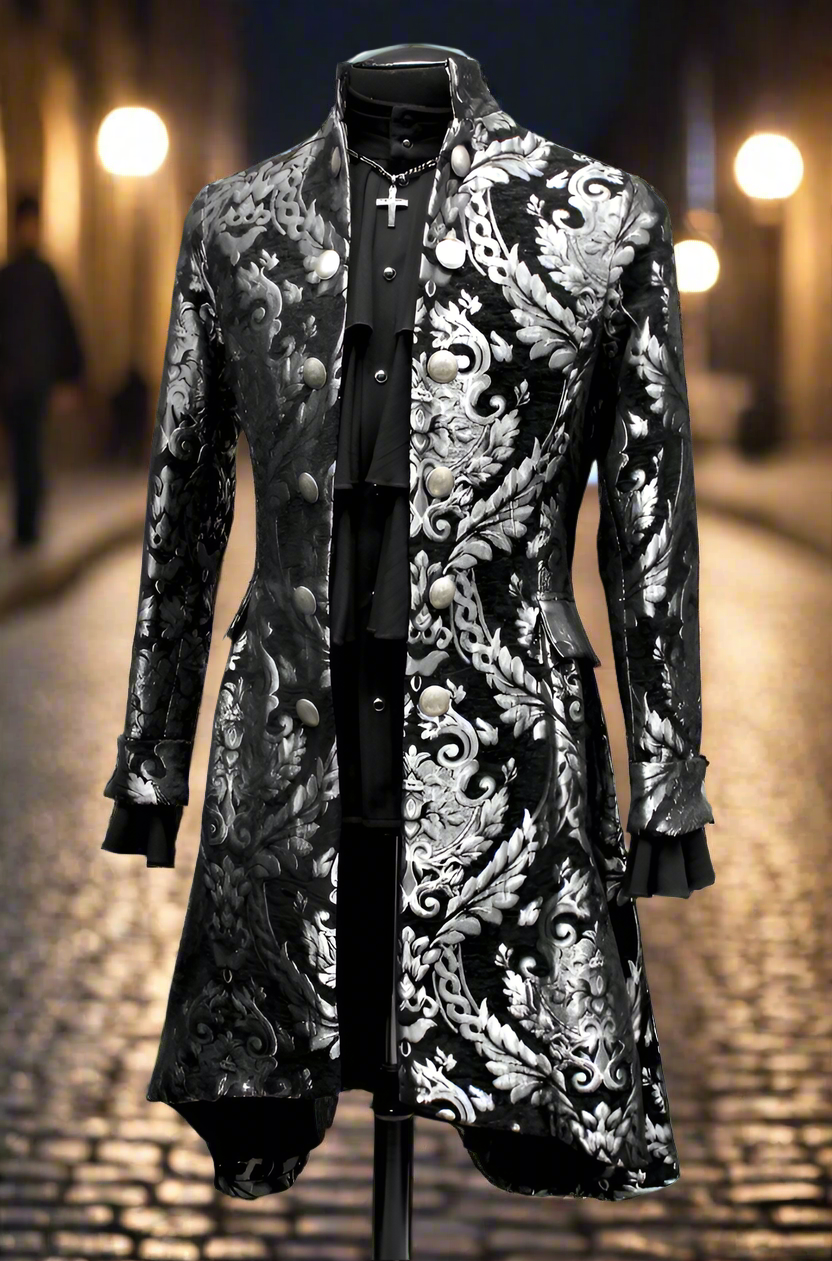 ORDER OF THE DRAGON COAT - SILVER/BLACK TAPESTRY Shrine of Hollywood coat best seller formal goth gothic jacket long sleeve Men's Coats metallic silver vampire
