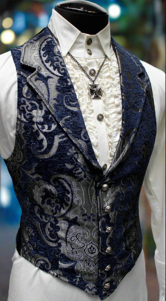 ARISTOCRAT VEST - BLUE/SILVER TAPESTRY Shrine of Hollywood vest blue formal Men's Vests silver vest wedding
