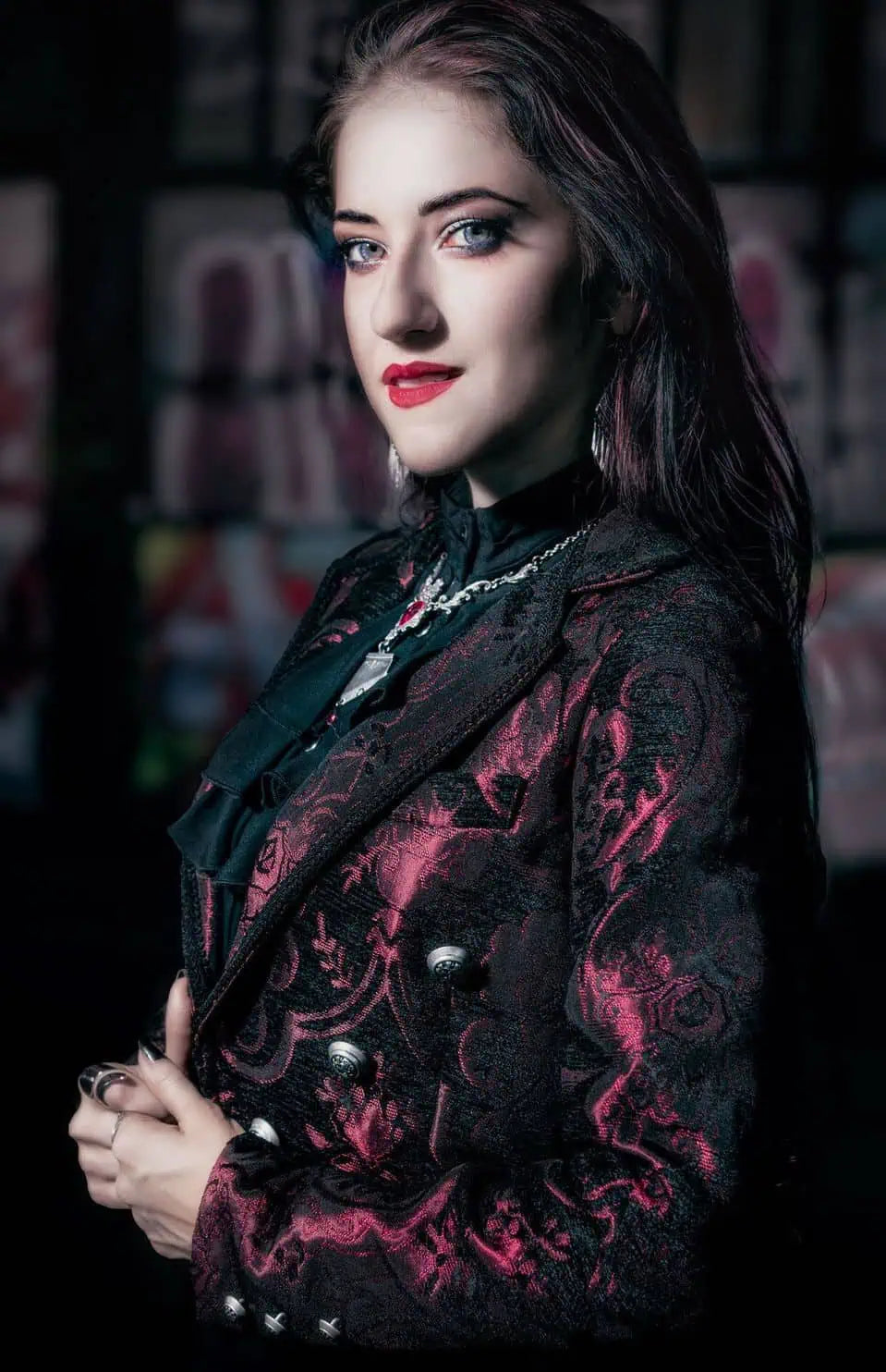 Shrine of Hollywood HARLEQUIN TAILCOAT - RED/BLACK TAPESTRY Women's Coats Women's Jackets
