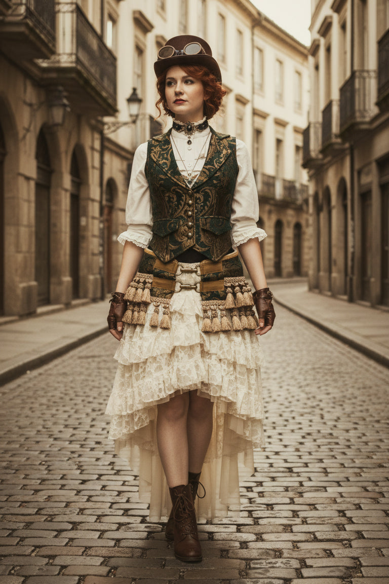 MARQUESA VEST - GREEN/GOLD TAPESTRY Shrine of Hollywood women's corset top Corset top victorian vest Women's vests