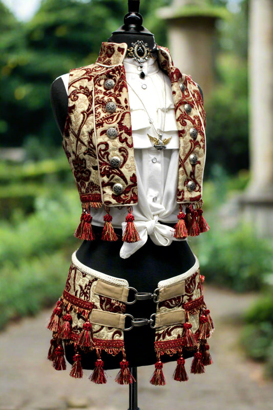 TASSEL SKIRT - BURGUNDY/IVORY Shrine of Hollywood Skirt gothic Skirts steampunk tapestry