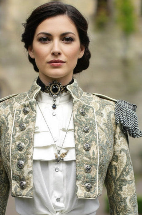 TOREADOR JACKET - GREEN AND IVORY TAPESTRY Shrine of Hollywood jacket Women's Jackets