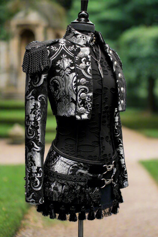 TASSEL SKIRT - SILVER/BLACK TAPESTRY Shrine of Hollywood skirt kilt silver Skirts tassel