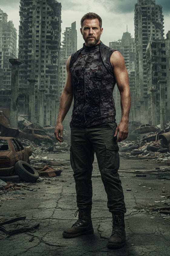 MEN'S FUTURE SHOCK SLEEVELESS T-SHIRT - GREY ZOMBIE Shrine of Hollywood shirt apocalyptic Cyber punk Cyber Tops decayed future futuristic goth gothic grey madmax Men's T-Shirts punk sleeveless T-shirt underground wasteland zombie