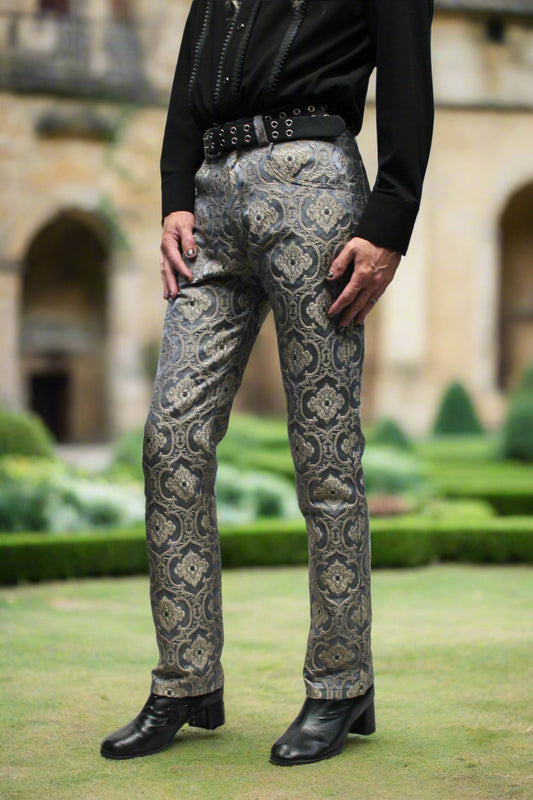 ROCKER PANTS - EDWARDIAN BROCADE - BLUE Shrine of Hollywood Pants aristocrat Bridgerton pants gothic pants masquerade pants Pants pirate pants Rocker Pants steampunk vampire pants victorian