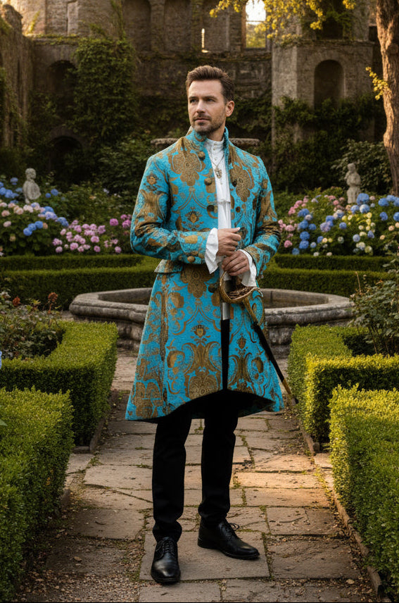 ORDER OF THE DRAGON - TURQUOISE/GOLD Shrine of Hollywood coat Bridgerton coat Costume coat masquerade coat Men's Coats pirate coat Steampunk Coat vampire coat victorian coat Wedding coat