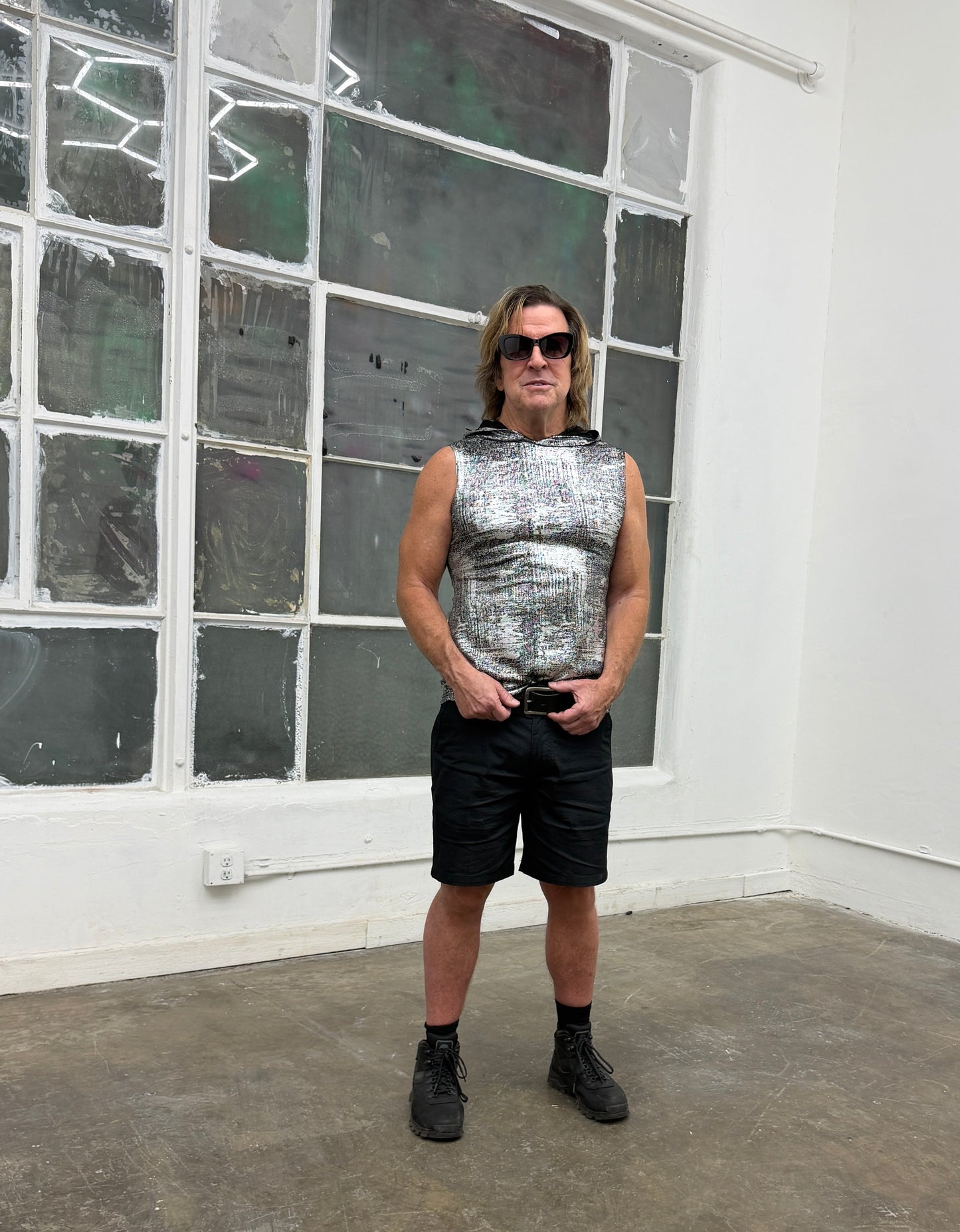 MEN'S HOODIE T - METALLIC SILVER Shrine of Hollywood shirt burning man cyber future hoodie Men's T-Shirts silver sleeveless