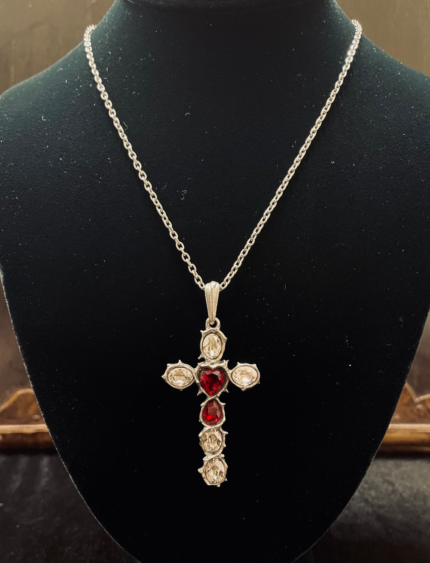 CRYSTAL HEART CROSS NECKLACE Shrine of Hollywood Jewelry - necklace