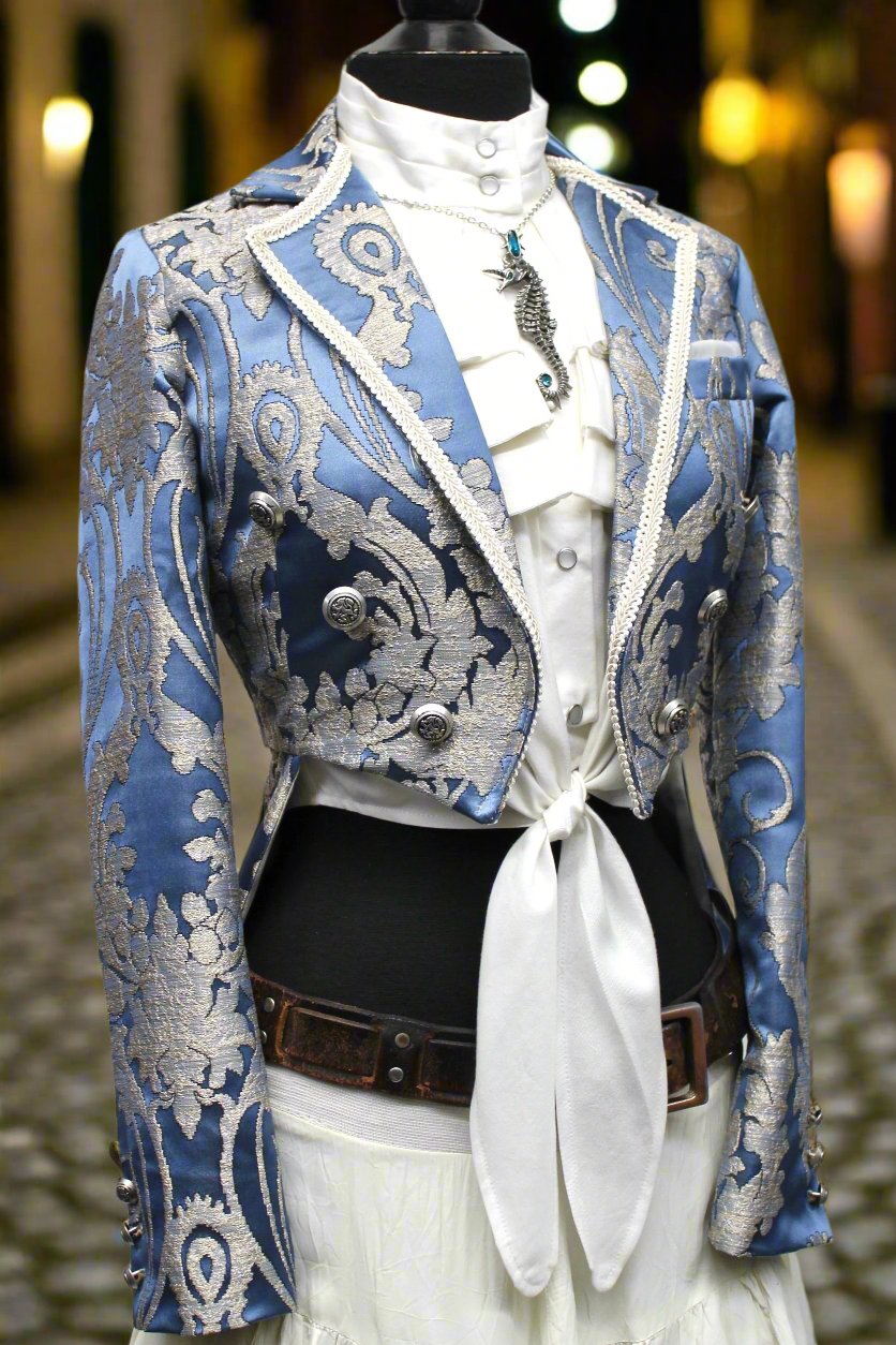Shrine of Hollywood HARLEQUIN TAILCOAT - SATIN BROCADE - ICE BLUE Women's Coats Women's Jackets