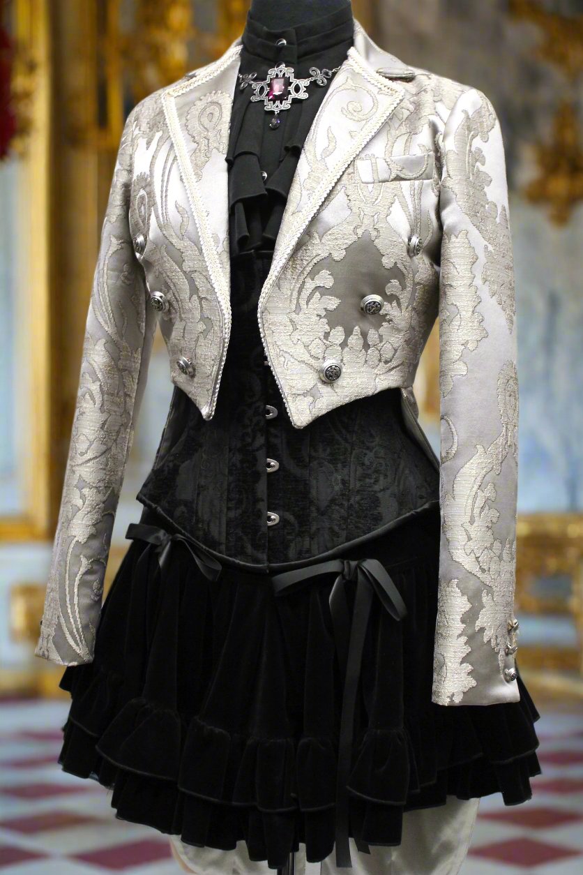 HARLEQUIN TAILCOAT - SATIN BROCADE - SILVER Shrine of Hollywood coat Women's Coats Women's Jackets