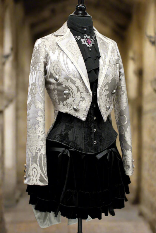 HARLEQUIN TAILCOAT - SATIN BROCADE - SILVER Shrine of Hollywood coat Women's Coats Women's Jackets