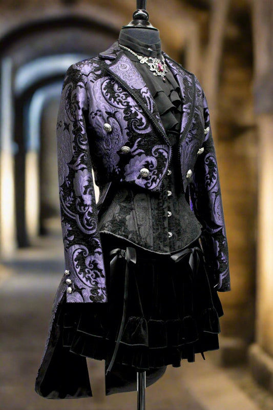 HARLEQUIN TAILCOAT - PURPLE/BLACK TAPESTRY Shrine of Hollywood coat Women's Coats Women's Jackets