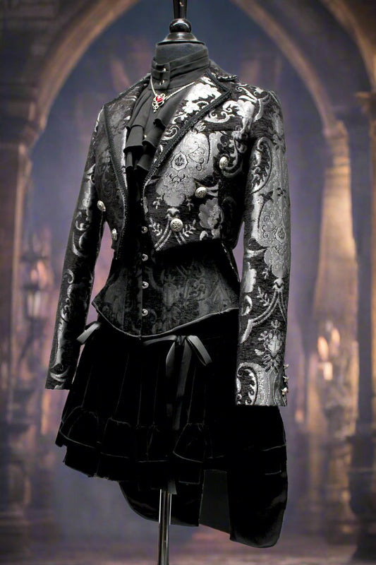 HARLEQUIN TAILCOAT - SILVER/BLACK TAPESTRY Shrine of Hollywood coat Women's Coats Women's Jackets