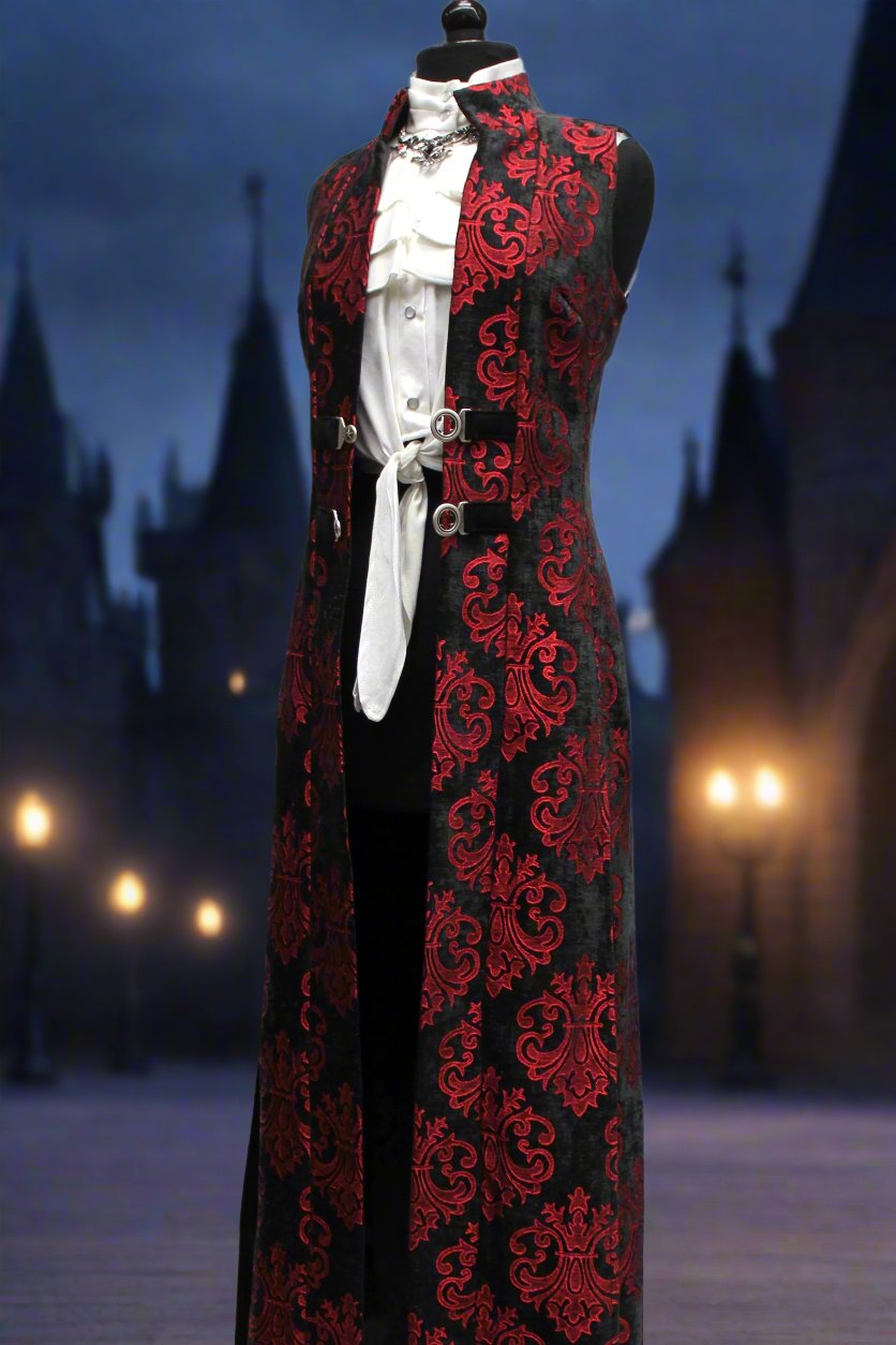 Shrine of Hollywood NECROMANTIC COAT/VEST - RED ON BLACK VELVET BROCADE Women's Coats