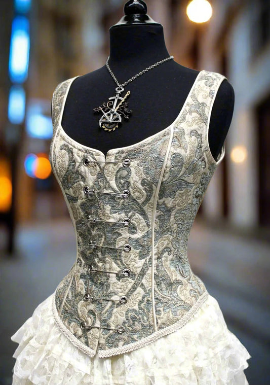 PIN BODICE - GREEN/IVORY TAPESTRY Shrine of Hollywood women's corset top corset Women's corset tops Women's Corsets