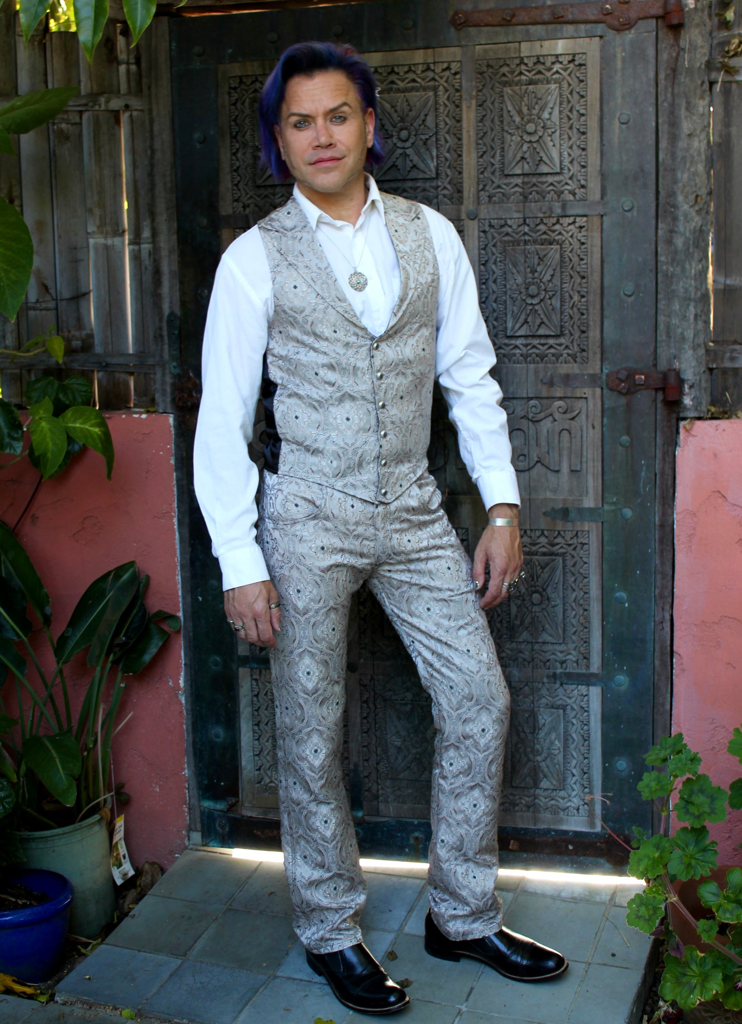 ROCKER PANTS - EDWARDIAN BROCADE - SILVER Shrine of Hollywood pants Pants