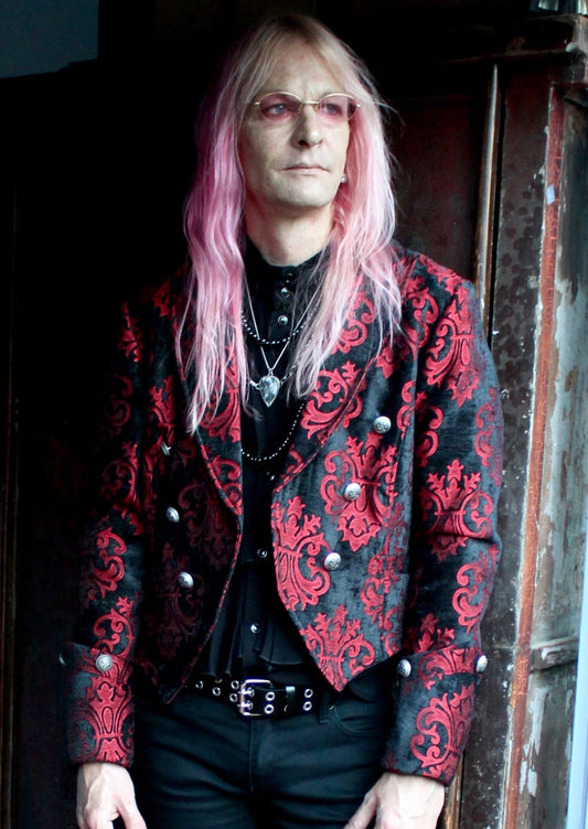 IMPERIAL JACKET - RED ON BLACK VELVET BROCADE Shrine of Hollywood coat brocade formal goth gothic jacket long sleeve Men's Jackets new tapestry vampire victorian