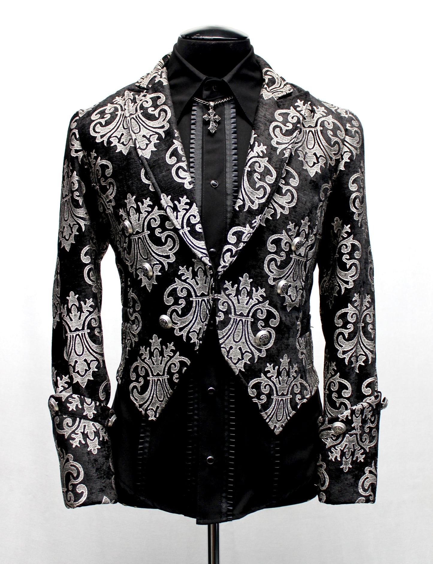 IMPERIAL JACKET - SILVER ON BLACK BROCADE Shrine of Hollywood coat brocade formal goth gothic jacket long sleeve Men's Jackets new tapestry vampire victorian