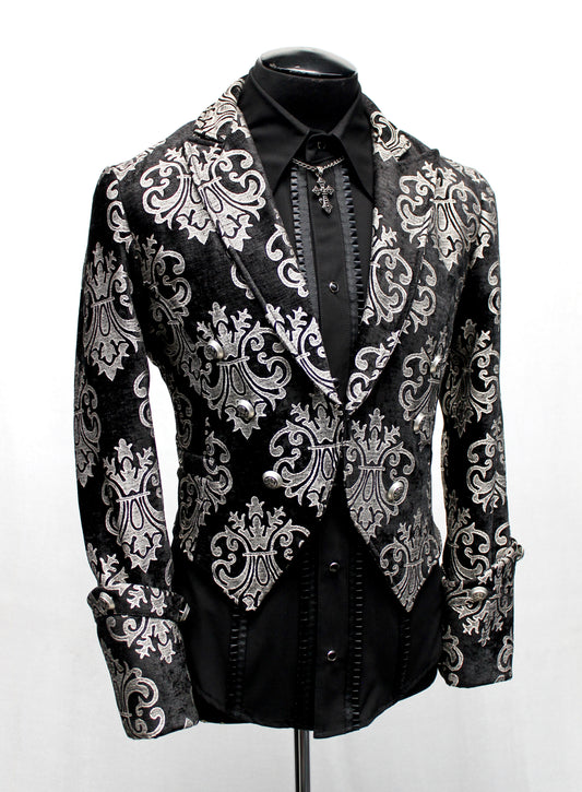 IMPERIAL JACKET - SILVER ON BLACK BROCADE Shrine of Hollywood coat brocade formal goth gothic jacket long sleeve Men's Jackets new tapestry vampire victorian