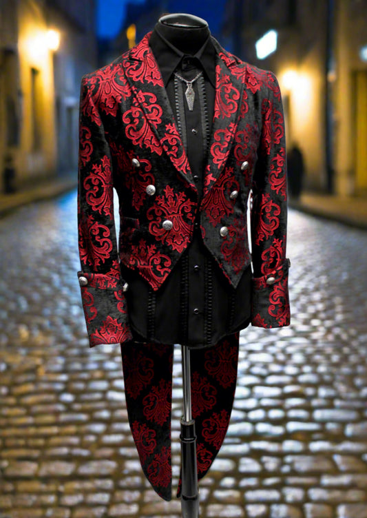 IMPERIAL TAILCOAT - RED ON BLACK VELVET BROCADE Shrine of Hollywood coat Men's Coats tailcoat tails