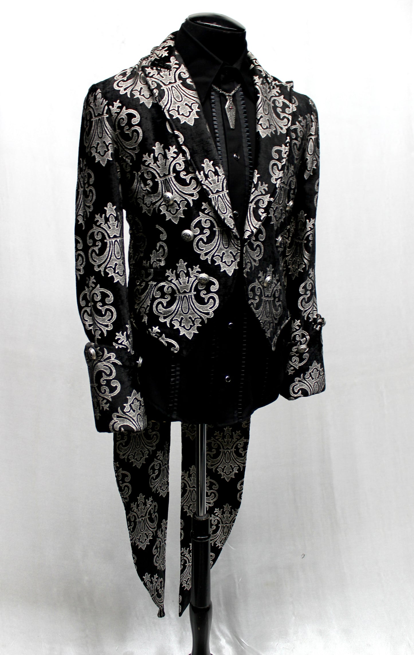 Shrine of Hollywood IMPERIAL TAILCOAT - SILVER ON BLACK BROCADE Men's Coats