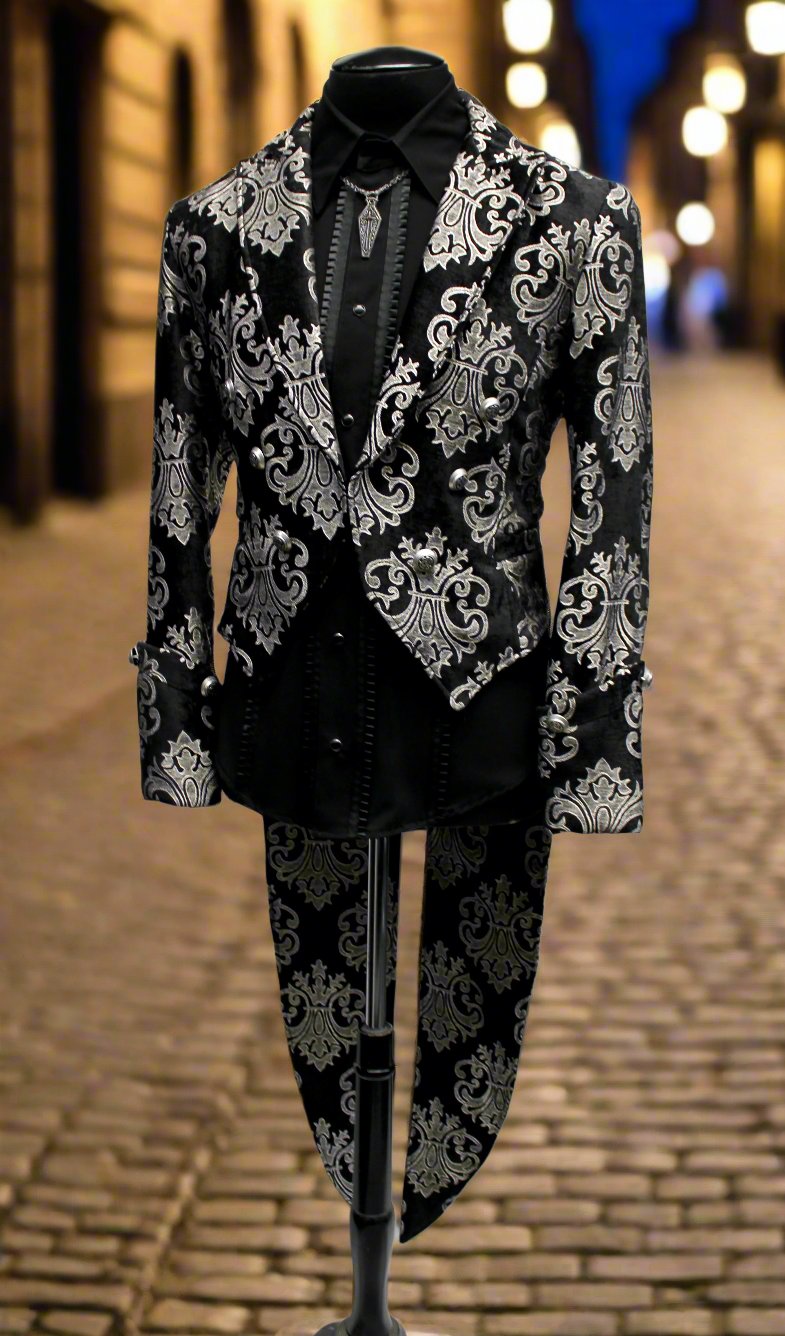 Shrine of Hollywood IMPERIAL TAILCOAT - SILVER ON BLACK BROCADE Men's Coats