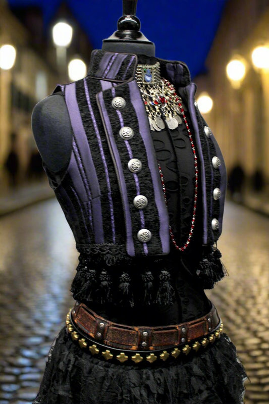 TOREADOR VEST - PURPLE/BLACK STRIPE TAPESTRY Shrine of Hollywood top Belly dancer vest burlesque vest fortune teller vest new Pirate vest Women's Tops