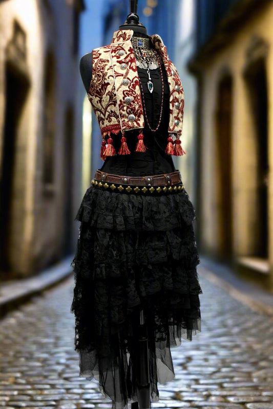 TOREADOR VEST - BURGUNDY/IVORY TAPESTRY Shrine of Hollywood top Belly dancer top burlesque top Pirate top Women's corset tops