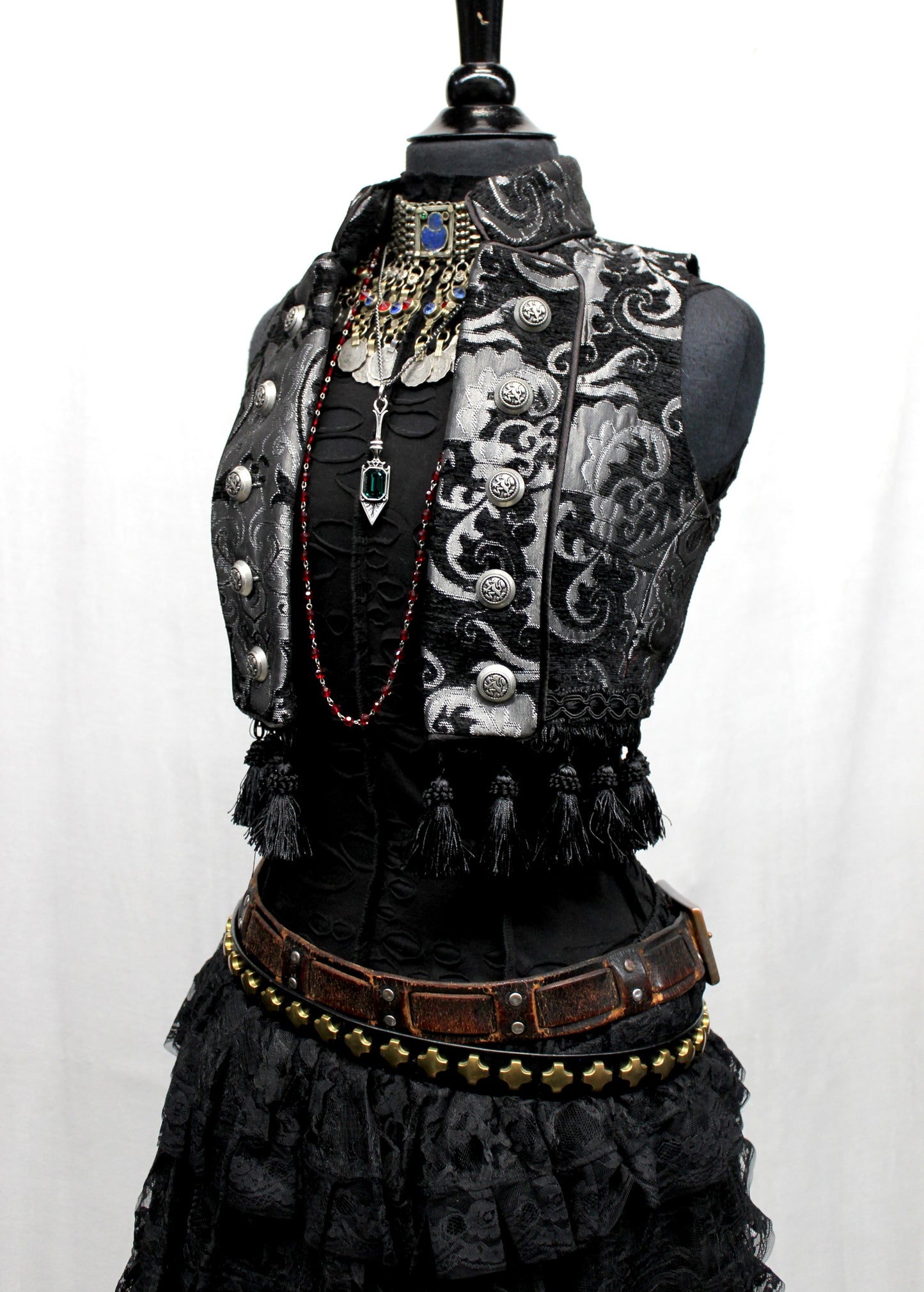TOREADOR VEST - SILVER/BLACK TAPESTRY Shrine of Hollywood top bellydancer vest burlesque vest Women's corset tops