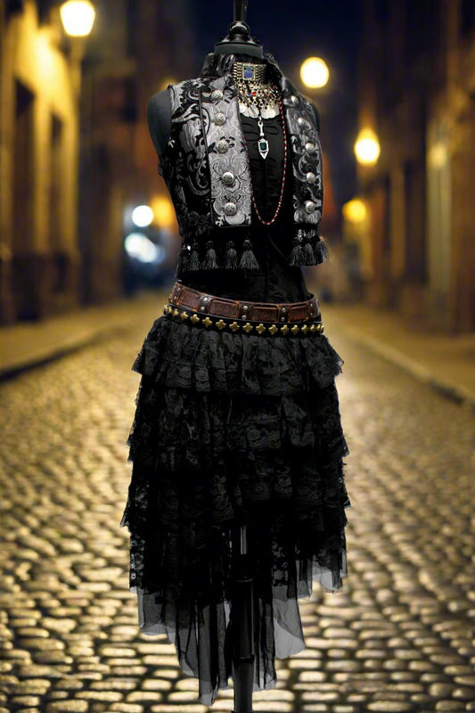 TOREADOR VEST - SILVER/BLACK TAPESTRY Shrine of Hollywood top bellydancer vest burlesque vest Women's corset tops