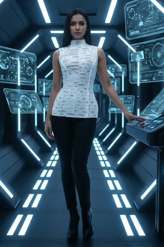 WASTELAND TOP - White Decayed Fabric Shrine of Hollywood top apocalyptic black burning man decayed industrial madmax new rave sleeveless underground wasteland Women's T-Shirts Women's Tops zombie