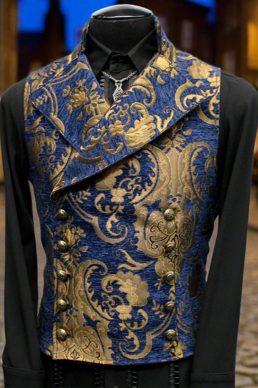 CAVALIER VEST - BLUE/GOLD TAPESTRY Shrine of Hollywood vest best seller blue cavalier dark double breasted Men's Vests new steampunk tapestry vampire vest victorian