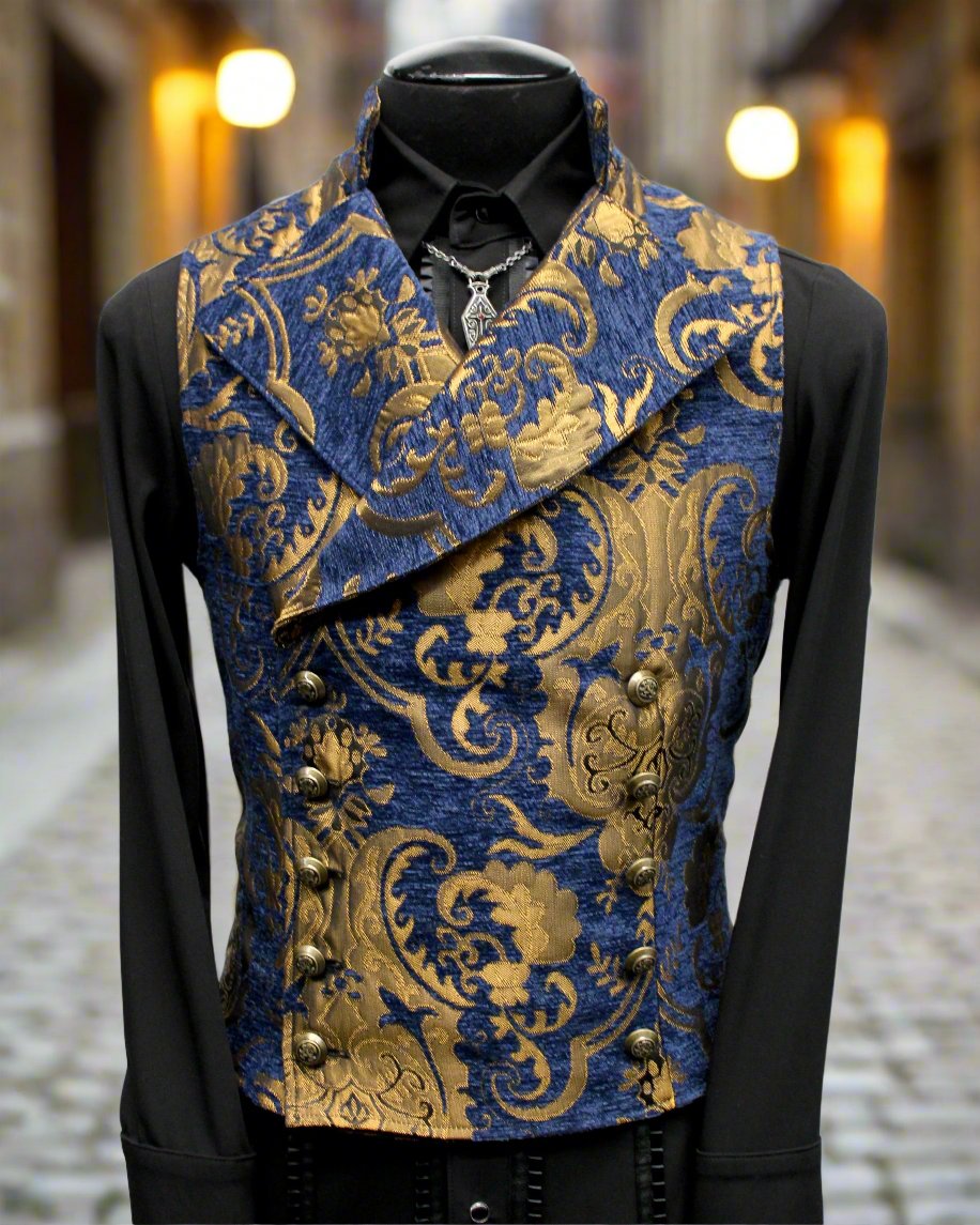 CAVALIER VEST - BLUE/GOLD TAPESTRY Shrine of Hollywood vest best seller blue cavalier dark double breasted Men's Vests new steampunk tapestry vampire vest victorian