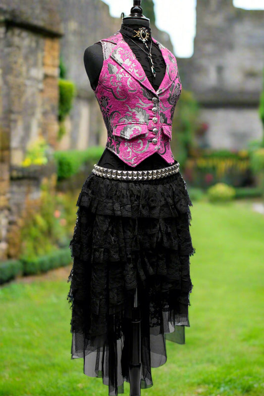 MARQUESA VEST - PINK/SILVER TAPESTRY Shrine of Hollywood women's corset top Corset top victorian vest Women's vests