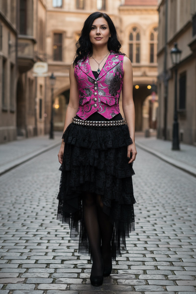 MARQUESA VEST - PINK/SILVER TAPESTRY Shrine of Hollywood women's corset top Corset top victorian vest Women's vests