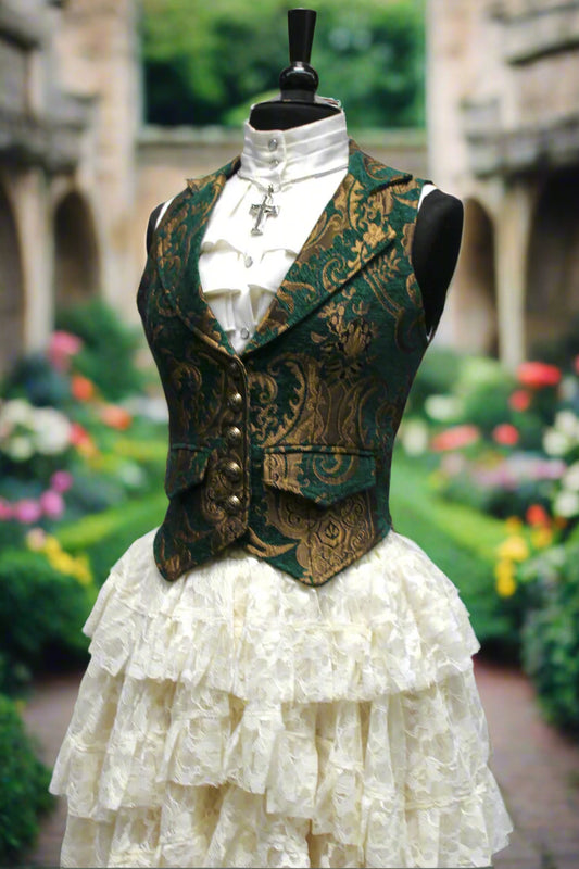 MARQUESA VEST - GREEN/GOLD TAPESTRY Shrine of Hollywood women's corset top Corset top victorian vest Women's vests