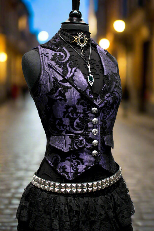 MARQUESA VEST - PURPLE/BLACK TAPESTRY Shrine of Hollywood women's corset top Corset top victorian vest Women's vests
