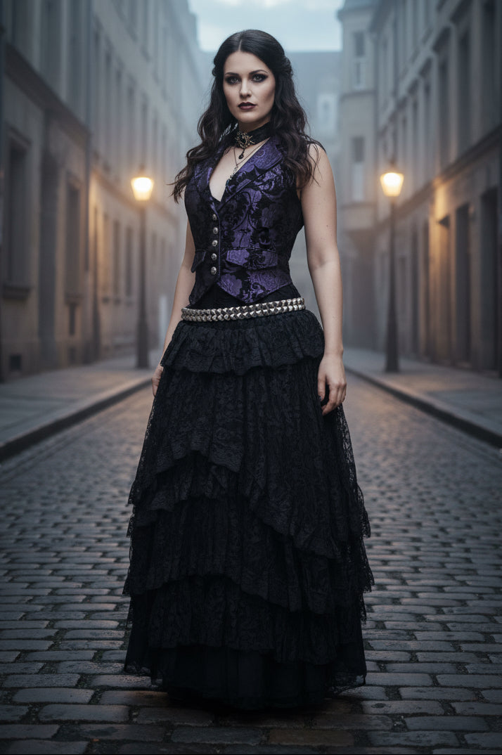 MARQUESA VEST - PURPLE/BLACK TAPESTRY Shrine of Hollywood women's corset top Corset top victorian vest Women's vests