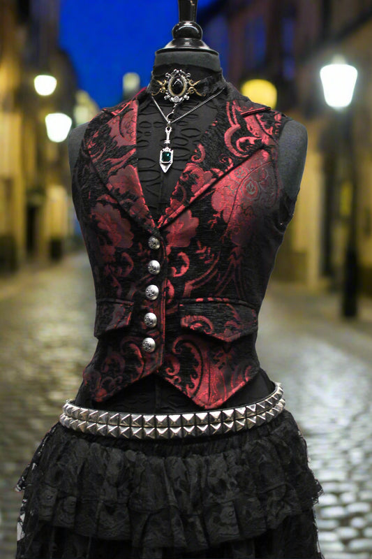 MARQUESA VEST - RED/BLACK TAPESTRY Shrine of Hollywood women's corset top Corset top victorian vest Women's vests